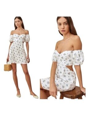 Reformation Emilia Floral Linen Mini Dress White Blue Off Shoulder Sz 8